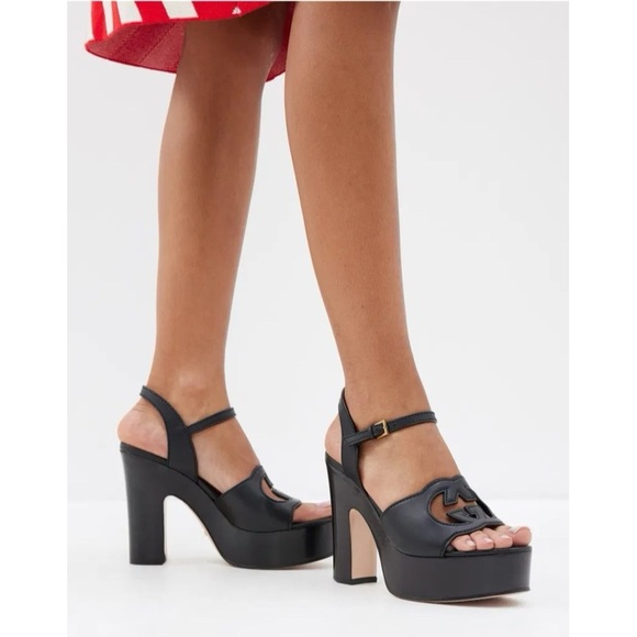 GUCCI Interlocking G Cutout Block Heel Platform Sandals Black Leather - Picture 1 of 16
